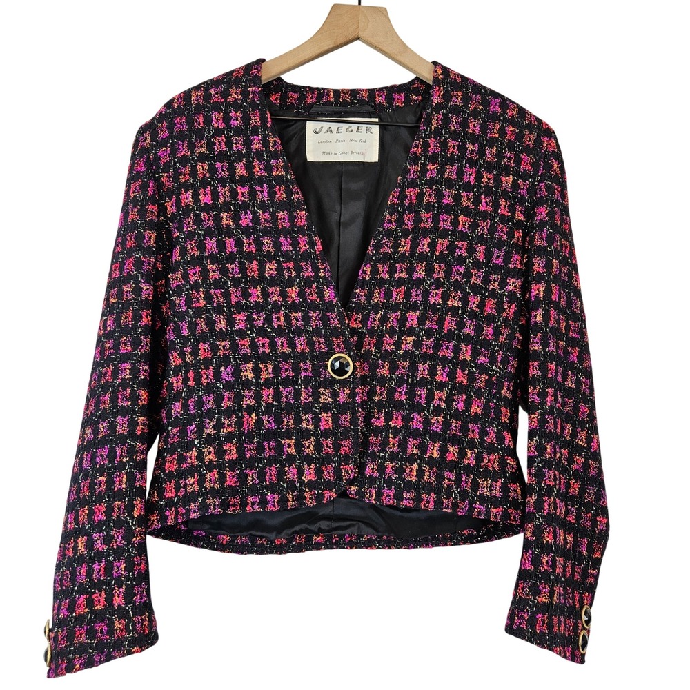 Jaeger London vintage plaid tweed metallic single button blazer, pink black  12